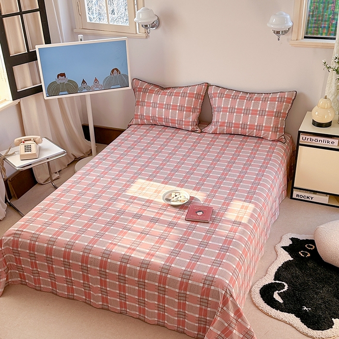 91家纺网 家纺一手货源 找家纺 金丝鸟家纺 2025春夏新款全棉纯棉双层纱床单 单品单件 怀秋豆沙格