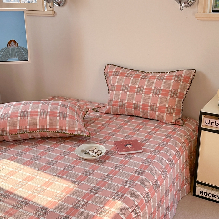 91家纺网 家纺一手货源 找家纺 金丝鸟家纺 2025春夏新款全棉纯棉双层纱床单 单品单件 怀秋豆沙格