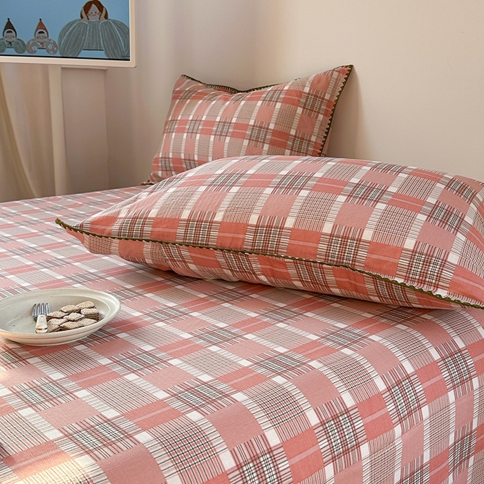 91家纺网 家纺一手货源 找家纺 金丝鸟家纺 2025春夏新款全棉纯棉双层纱床单 单品单件 怀秋豆沙格