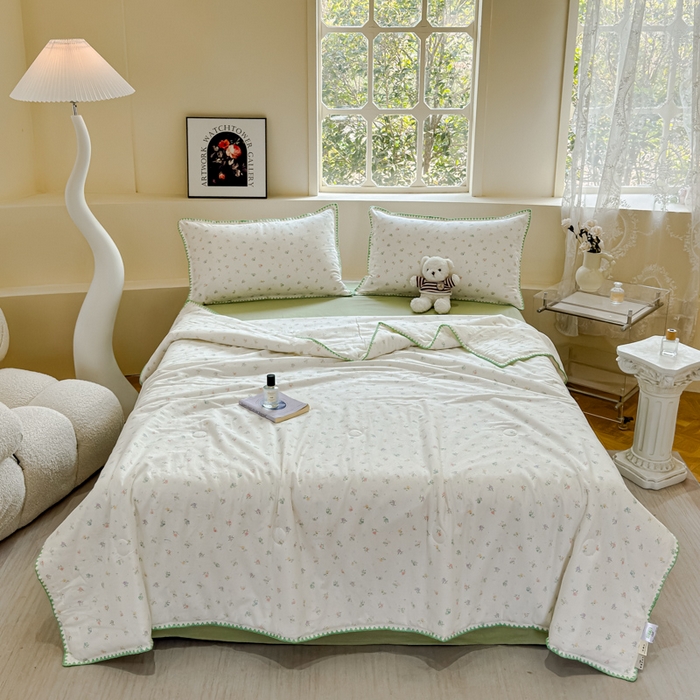 91家纺网 家纺一手货源 找家纺 金丝鸟家纺 2025春夏新款全棉纯棉双层纱夏被夏凉被空调被 百花 绿