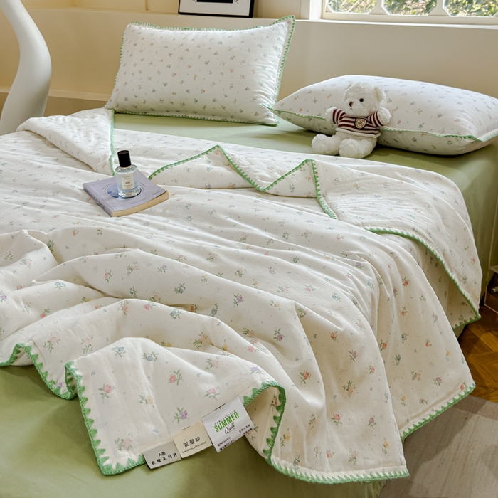 91家纺网 家纺一手货源 找家纺 金丝鸟家纺 2025春夏新款全棉纯棉双层纱夏被夏凉被空调被 百花 绿