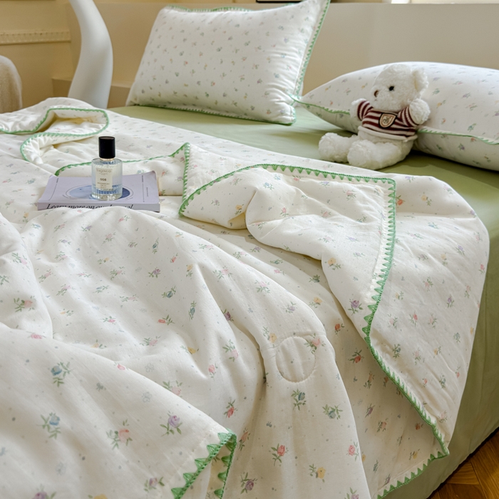 91家纺网 家纺一手货源 找家纺 金丝鸟家纺 2025春夏新款全棉纯棉双层纱夏被夏凉被空调被 百花 绿