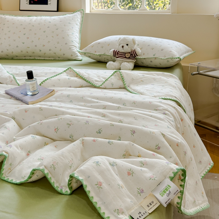 91家纺网 家纺一手货源 找家纺 金丝鸟家纺 2025春夏新款全棉纯棉双层纱夏被夏凉被空调被 百花 绿