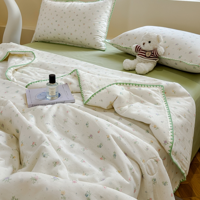 91家纺网 家纺一手货源 找家纺 金丝鸟家纺 2025春夏新款全棉纯棉双层纱夏被夏凉被空调被 百花 绿