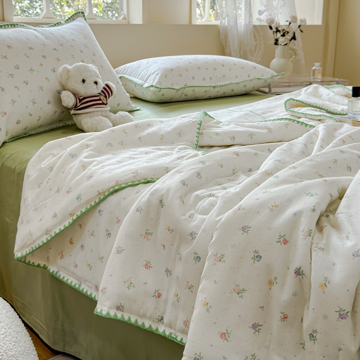 91家纺网 家纺一手货源 找家纺 金丝鸟家纺 2025春夏新款全棉纯棉双层纱夏被夏凉被空调被 百花 绿