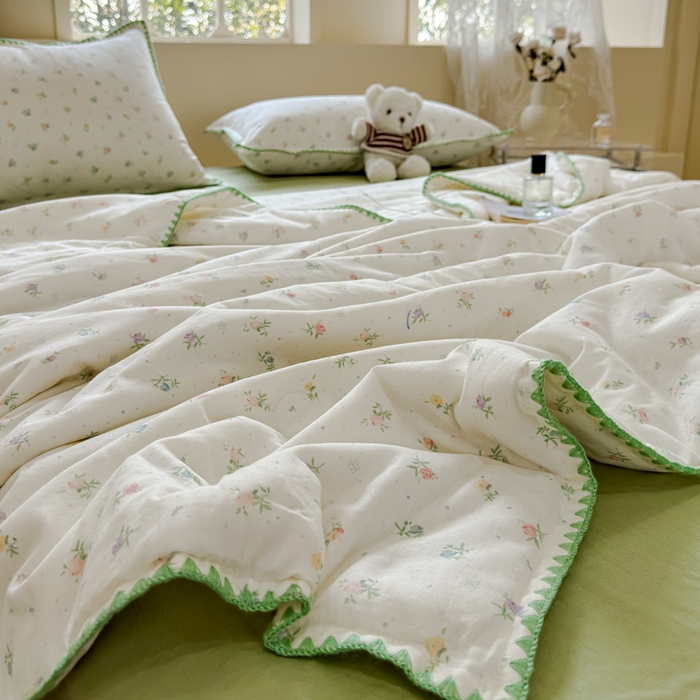 91家纺网 家纺一手货源 找家纺 金丝鸟家纺 2025春夏新款全棉纯棉双层纱夏被夏凉被空调被 百花 绿