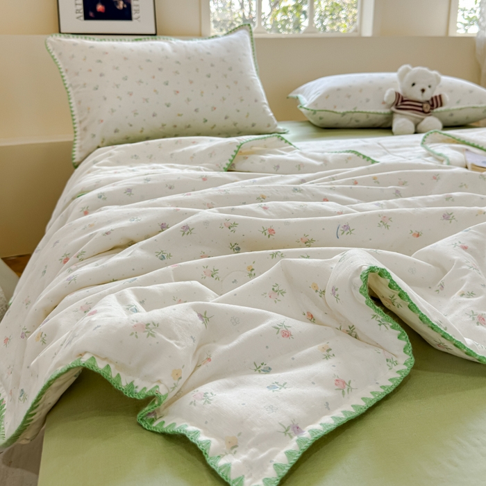 91家纺网 家纺一手货源 找家纺 金丝鸟家纺 2025春夏新款全棉纯棉双层纱夏被夏凉被空调被 百花 绿