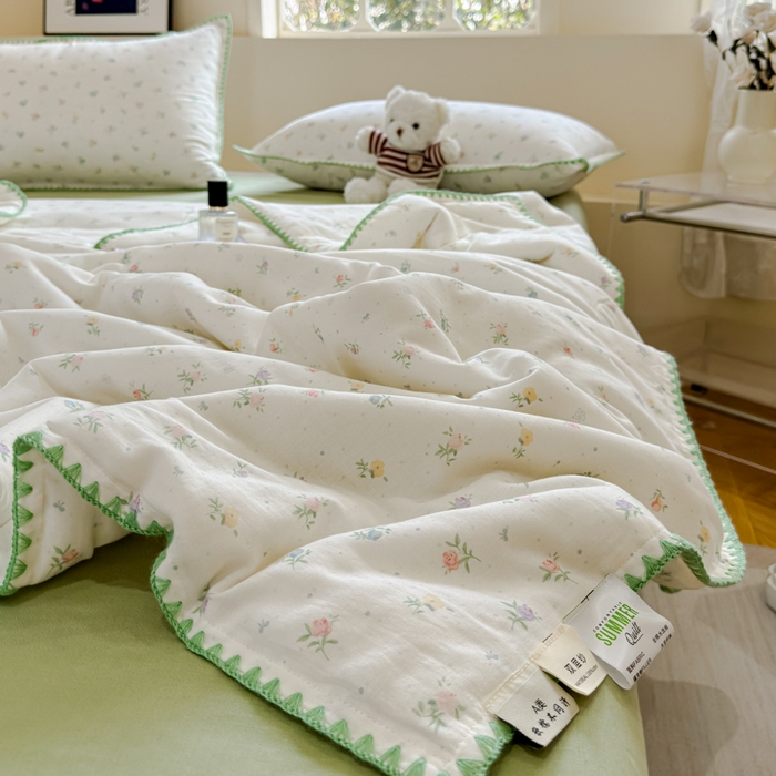 91家纺网 家纺一手货源 找家纺 金丝鸟家纺 2025春夏新款全棉纯棉双层纱夏被夏凉被空调被 百花 绿
