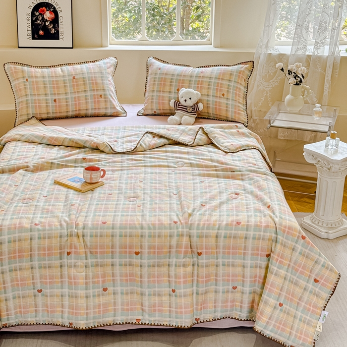 91家纺网 家纺一手货源 找家纺 金丝鸟家纺 2025春夏新款全棉纯棉双层纱夏被夏凉被空调被 七彩方格