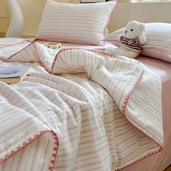 金丝鸟家纺 2025春夏新款全棉纯棉双层纱夏被夏凉被空调被 阡陌条纹 粉