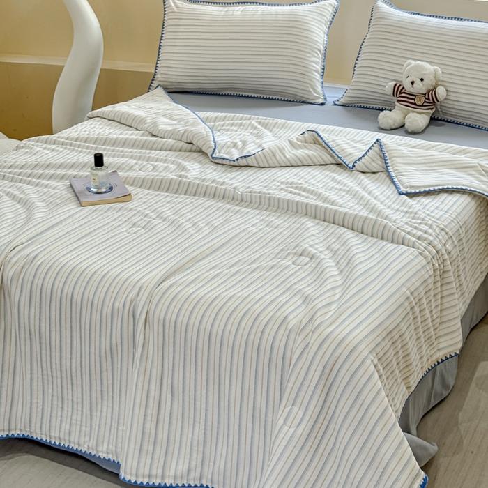 金丝鸟家纺 2025春夏新款全棉纯棉双层纱夏被夏凉被空调被 阡陌条纹 蓝