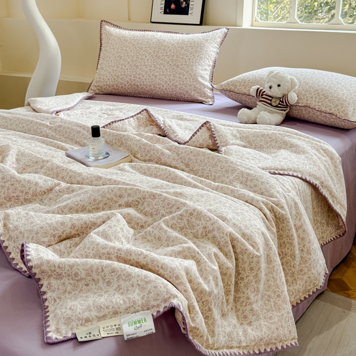 金丝鸟家纺 2025春夏新款全棉纯棉双层纱夏被夏凉被空调被 蔷薇花露 紫