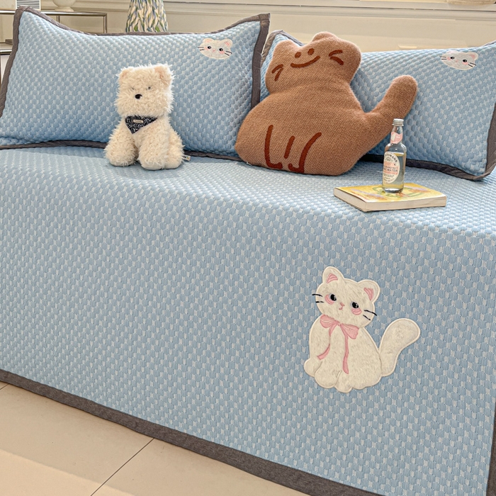 91家纺网 家纺一手货源 找家纺 沐慕 2025新款绣花凉感淑女喵豆豆凉席 淑女喵-蓝