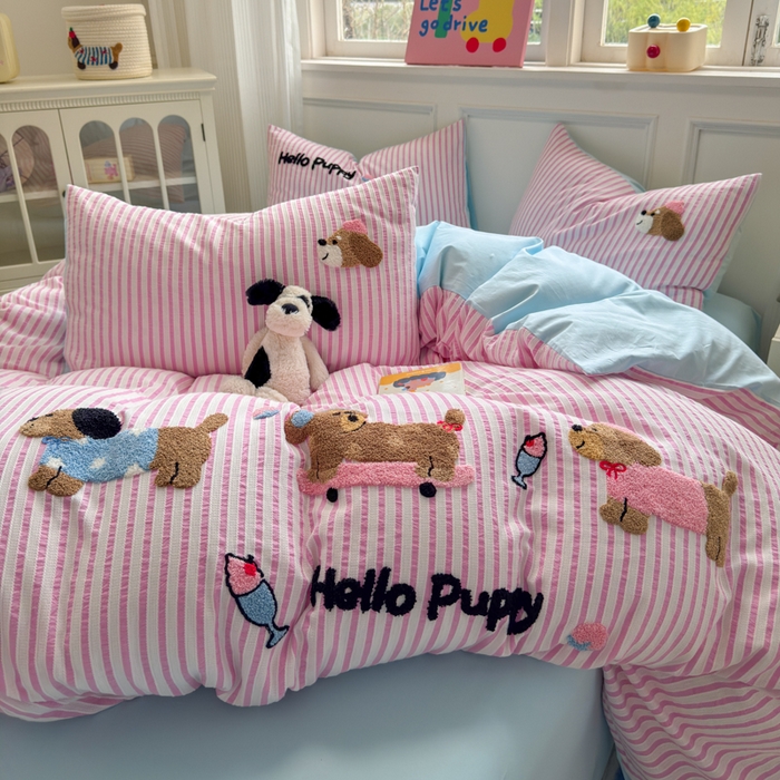 91家纺网 家纺一手货源 找家纺 如意朵 2025新款全棉纯棉提花水洗棉绣花四件套（专版花型） 三只小狗