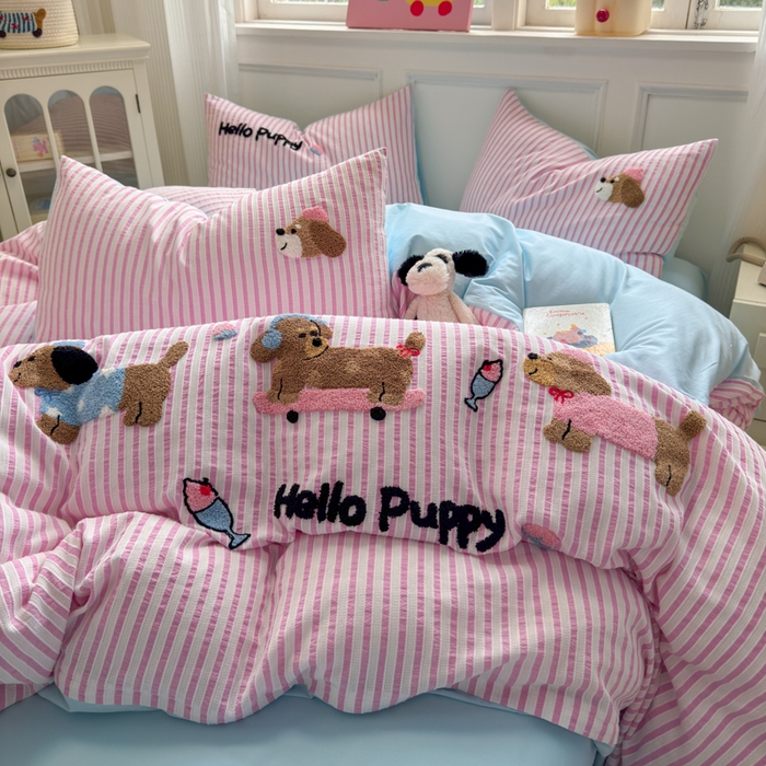 91家纺网 家纺一手货源 找家纺 如意朵 2025新款全棉纯棉提花水洗棉绣花四件套（专版花型） 三只小狗