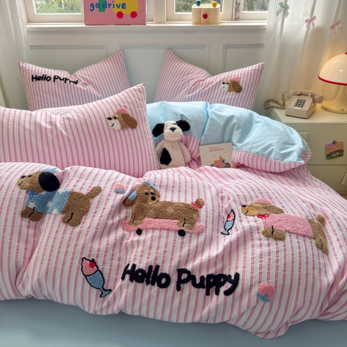 91家纺网 家纺一手货源 找家纺 如意朵 2025新款全棉纯棉提花水洗棉绣花四件套（专版花型） 三只小狗