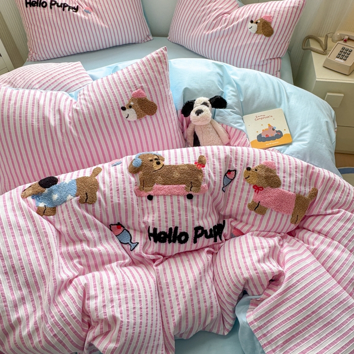 91家纺网 家纺一手货源 找家纺 如意朵 2025新款全棉纯棉提花水洗棉绣花四件套（专版花型） 三只小狗