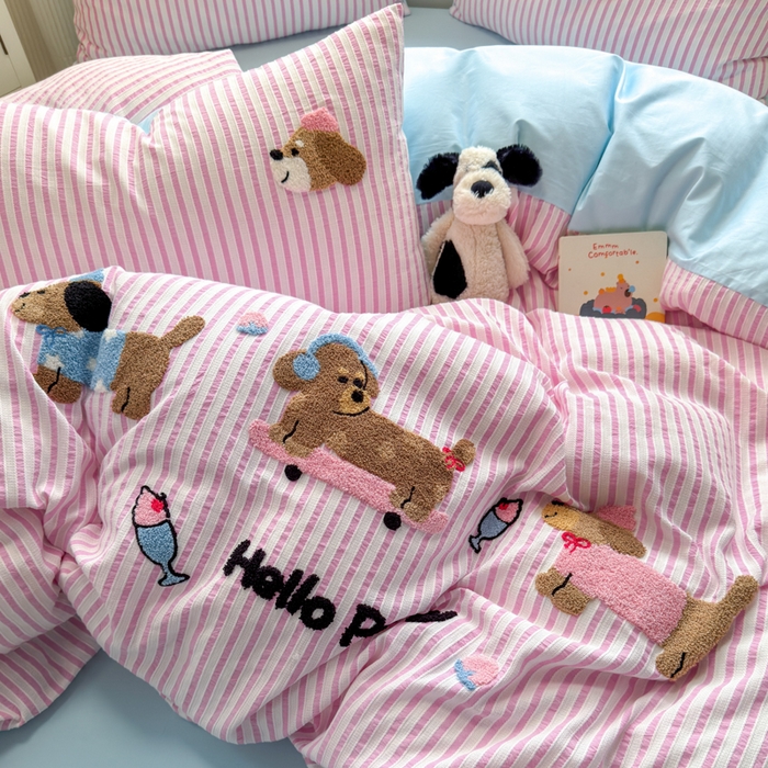 91家纺网 家纺一手货源 找家纺 如意朵 2025新款全棉纯棉提花水洗棉绣花四件套（专版花型） 三只小狗