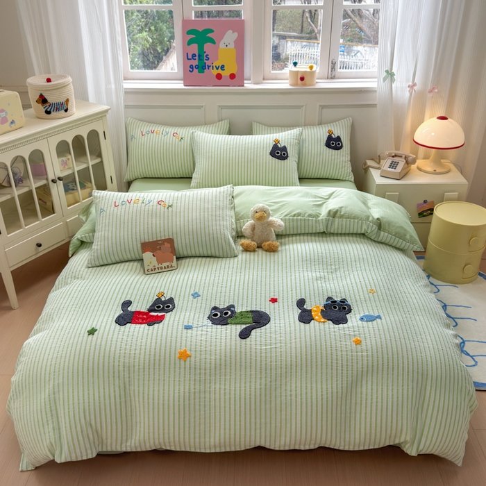 91家纺网 家纺一手货源 找家纺 如意朵 2025新款全棉纯棉提花水洗棉绣花四件套（专版花型） 三只小猫