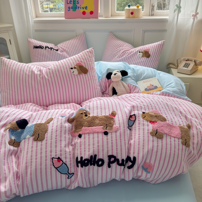 91家纺网 家纺一手货源 找家纺 如意朵 2025新款全棉纯棉提花水洗棉绣花四件套（专版花型） 三只小狗