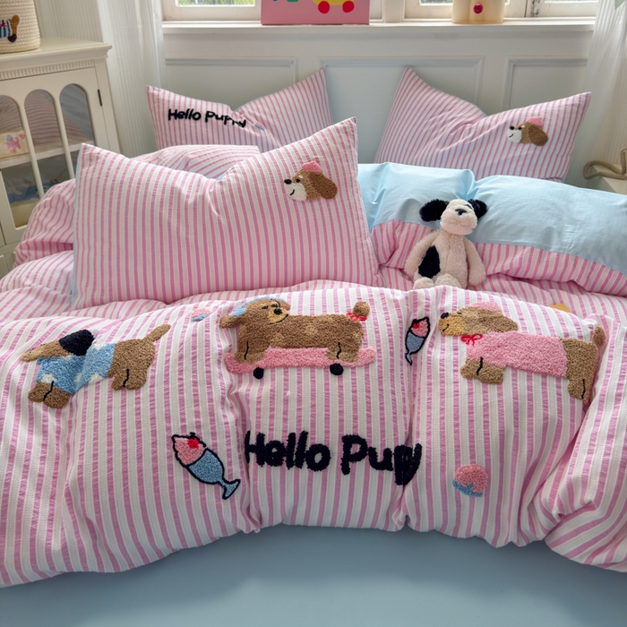 91家纺网 家纺一手货源 找家纺 如意朵 2025新款全棉纯棉提花水洗棉绣花四件套（专版花型） 三只小狗