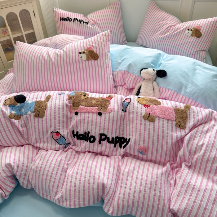 91家纺网 家纺一手货源 找家纺 如意朵 2025新款全棉纯棉提花水洗棉绣花四件套（专版花型） 三只小狗