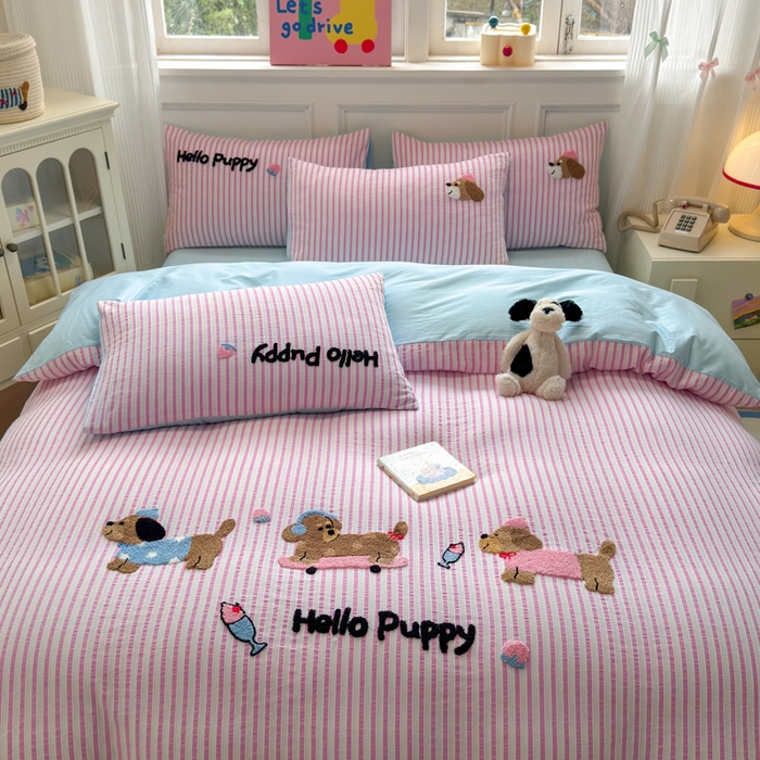 91家纺网 家纺一手货源 找家纺 如意朵 2025新款全棉纯棉提花水洗棉绣花四件套（专版花型） 三只小狗