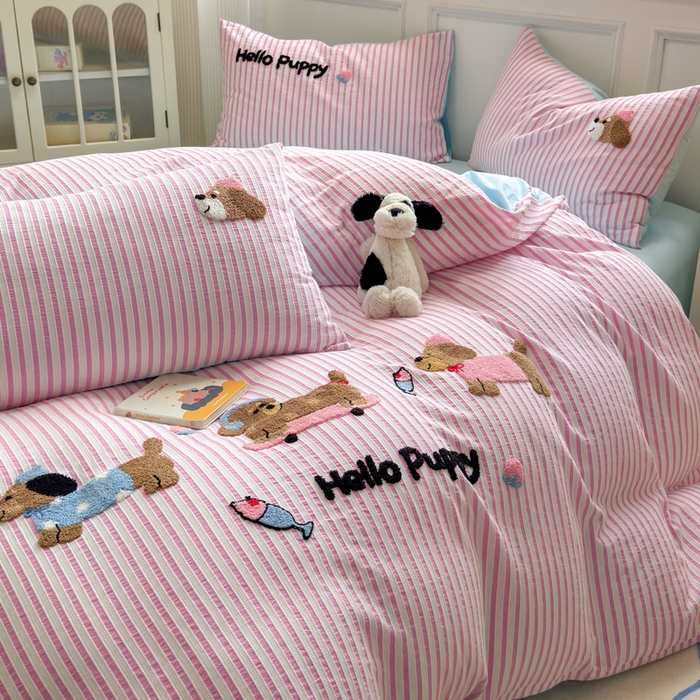 91家纺网 家纺一手货源 找家纺 如意朵 2025新款全棉纯棉提花水洗棉绣花四件套（专版花型） 三只小狗