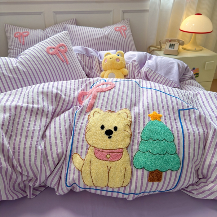 91家纺网 家纺一手货源 找家纺 如意朵 2025新款全棉纯棉提花水洗棉绣花四件套（专版花型） 休闲小猫