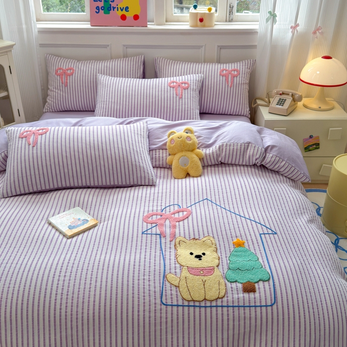 91家纺网 家纺一手货源 找家纺 如意朵 2025新款全棉纯棉提花水洗棉绣花四件套（专版花型） 休闲小猫