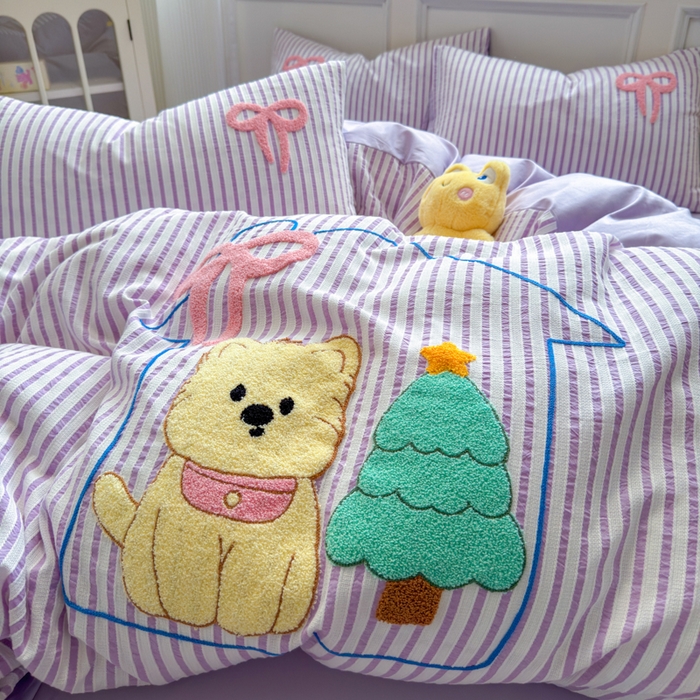 91家纺网 家纺一手货源 找家纺 如意朵 2025新款全棉纯棉提花水洗棉绣花四件套（专版花型） 休闲小猫