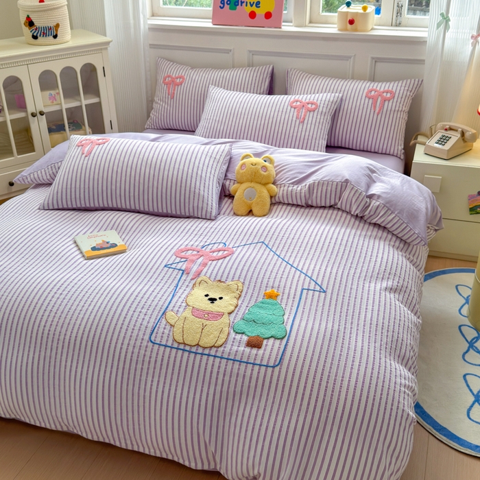 91家纺网 家纺一手货源 找家纺 如意朵 2025新款全棉纯棉提花水洗棉绣花四件套（专版花型） 休闲小猫