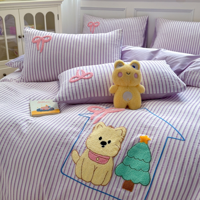 91家纺网 家纺一手货源 找家纺 如意朵 2025新款全棉纯棉提花水洗棉绣花四件套（专版花型） 休闲小猫