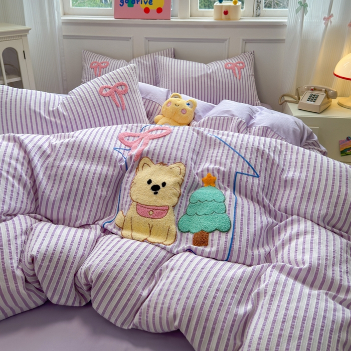 91家纺网 家纺一手货源 找家纺 如意朵 2025新款全棉纯棉提花水洗棉绣花四件套（专版花型） 休闲小猫