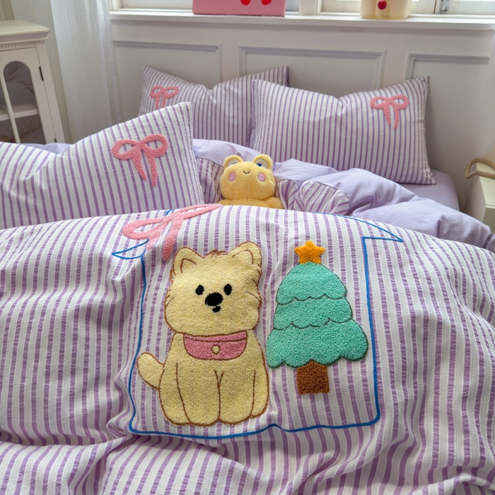 91家纺网 家纺一手货源 找家纺 如意朵 2025新款全棉纯棉提花水洗棉绣花四件套（专版花型） 休闲小猫