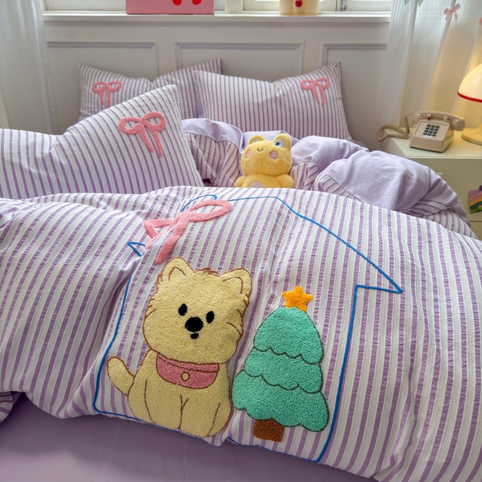 91家纺网 家纺一手货源 找家纺 如意朵 2025新款全棉纯棉提花水洗棉绣花四件套（专版花型） 休闲小猫