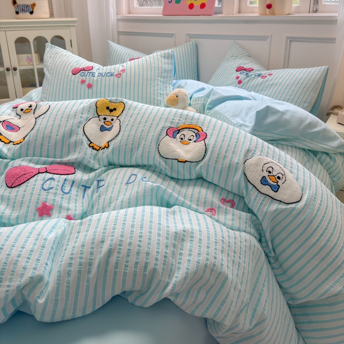 91家纺网 家纺一手货源 找家纺 如意朵 2025新款全棉纯棉提花水洗棉绣花四件套（专版花型） 开心丫