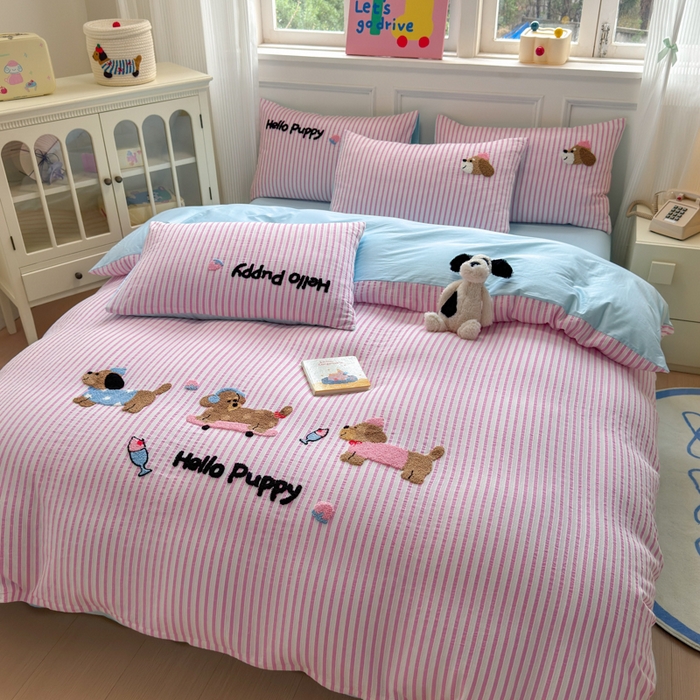 91家纺网 家纺一手货源 找家纺 如意朵 2025新款全棉纯棉提花水洗棉绣花四件套（专版花型） 三只小狗