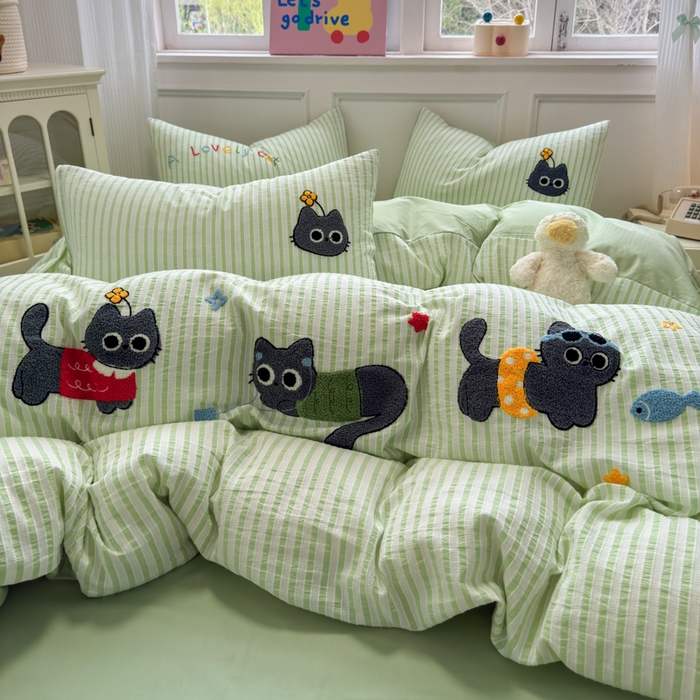 91家纺网 家纺一手货源 找家纺 如意朵 2025新款全棉纯棉提花水洗棉绣花四件套（专版花型） 三只小猫