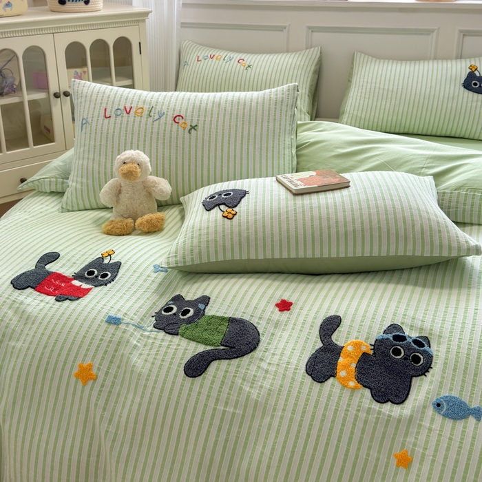 91家纺网 家纺一手货源 找家纺 如意朵 2025新款全棉纯棉提花水洗棉绣花四件套（专版花型） 三只小猫