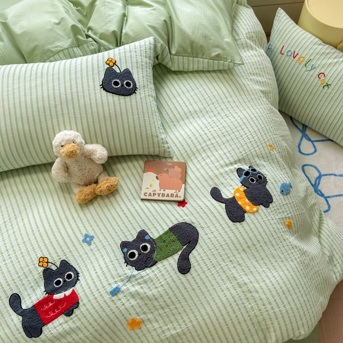 91家纺网 家纺一手货源 找家纺 如意朵 2025新款全棉纯棉提花水洗棉绣花四件套（专版花型） 三只小猫