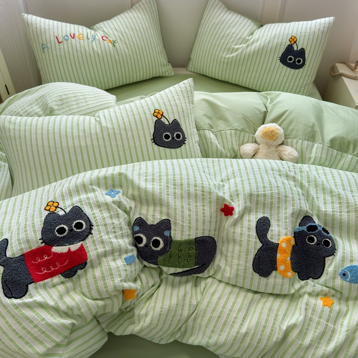 91家纺网 家纺一手货源 找家纺 如意朵 2025新款全棉纯棉提花水洗棉绣花四件套（专版花型） 三只小猫