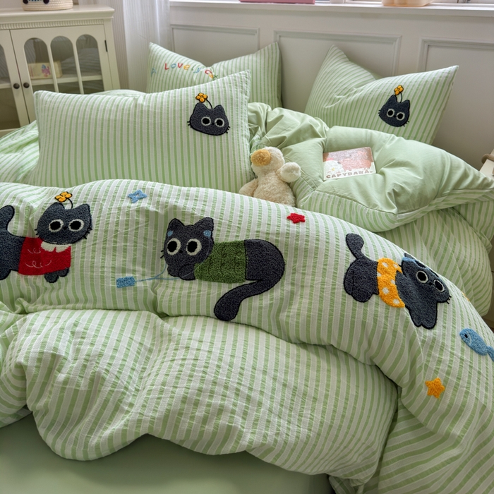 91家纺网 家纺一手货源 找家纺 如意朵 2025新款全棉纯棉提花水洗棉绣花四件套（专版花型） 三只小猫