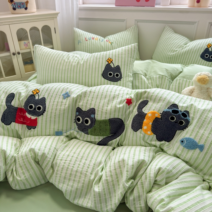 91家纺网 家纺一手货源 找家纺 如意朵 2025新款全棉纯棉提花水洗棉绣花四件套（专版花型） 三只小猫