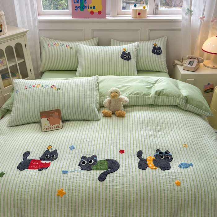 91家纺网 家纺一手货源 找家纺 如意朵 2025新款全棉纯棉提花水洗棉绣花四件套（专版花型） 三只小猫