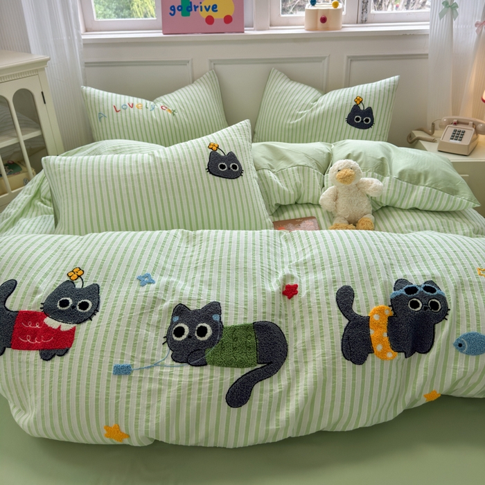 91家纺网 家纺一手货源 找家纺 如意朵 2025新款全棉纯棉提花水洗棉绣花四件套（专版花型） 三只小猫