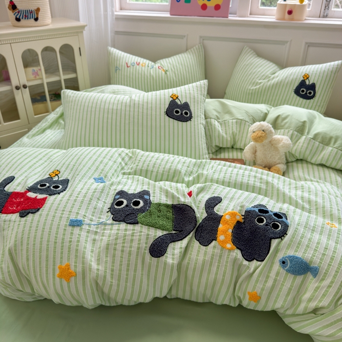 91家纺网 家纺一手货源 找家纺 如意朵 2025新款全棉纯棉提花水洗棉绣花四件套（专版花型） 三只小猫