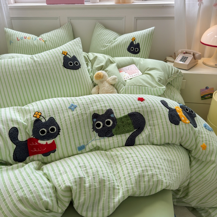 91家纺网 家纺一手货源 找家纺 如意朵 2025新款全棉纯棉提花水洗棉绣花四件套（专版花型） 三只小猫