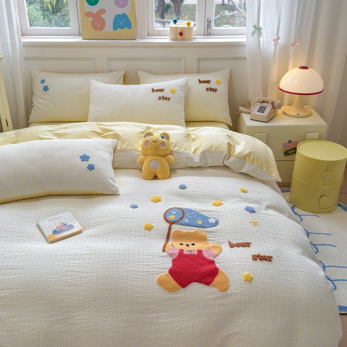 91家纺网 家纺一手货源 找家纺 如意朵 2025新款全棉纯棉提花水洗棉绣花四件套（专版花型） 抓星熊