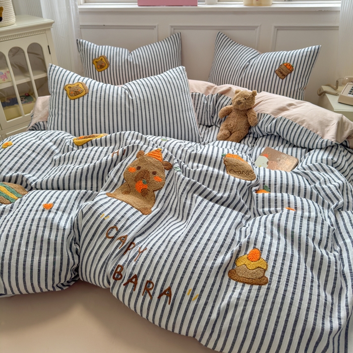 91家纺网 家纺一手货源 找家纺 如意朵 2025新款全棉纯棉提花水洗棉绣花四件套（专版花型） 贪吃卡皮